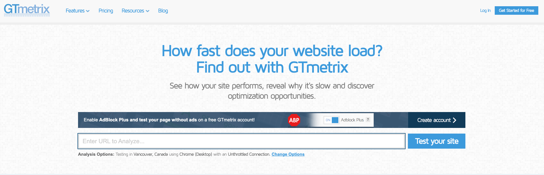 Homepage of GTmetrix