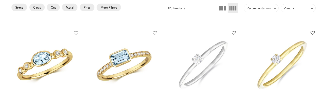Filters applied to a landing page about rings on an e-commerce website