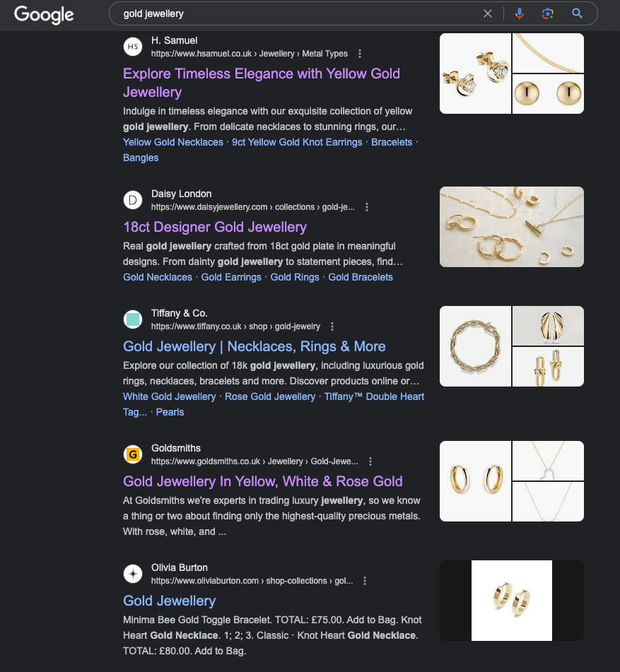 The SERP for the keyword gold jewellery