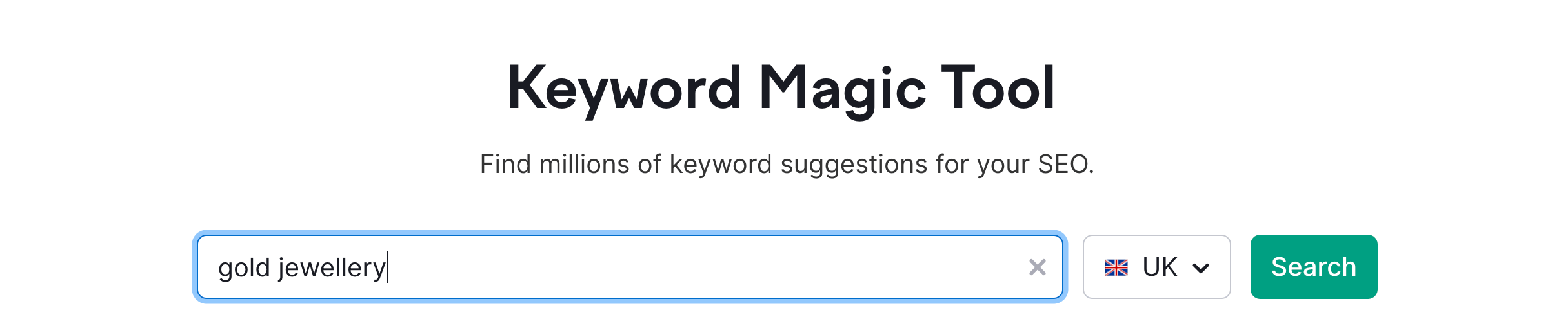 The interface for SEMrush's keyword magic tool