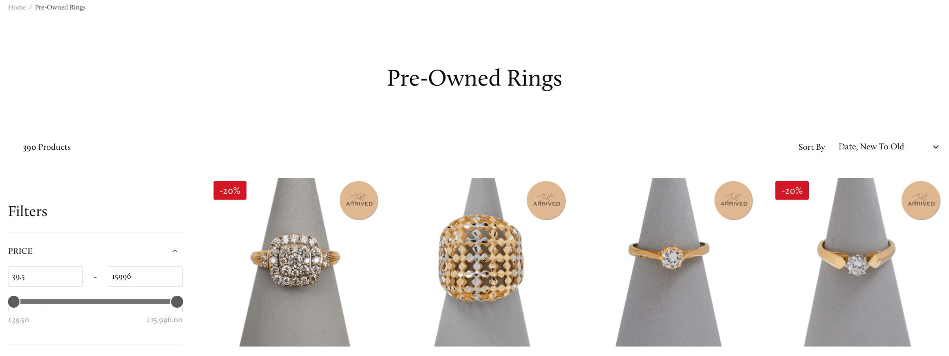Example of Breadcrumb menu for an ecommerce site that sells jewellery